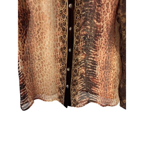 Y2K City Girl By Nancy Bolen Animal Print Sheer Button Front Top Velvet Collar L - Picture 3 of 7